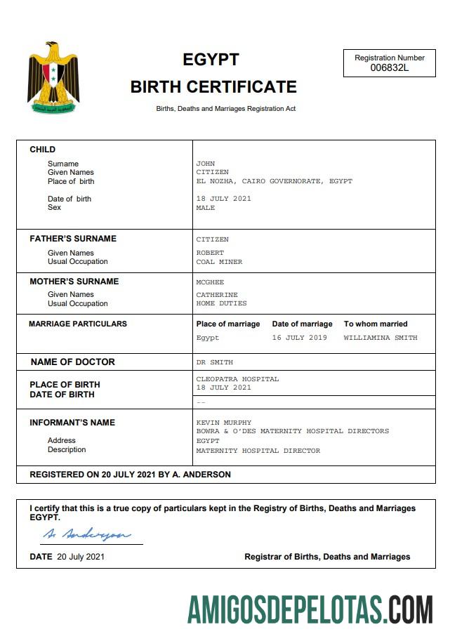 Em branco modelo Word e PDF de certidão de nascimento do Egito